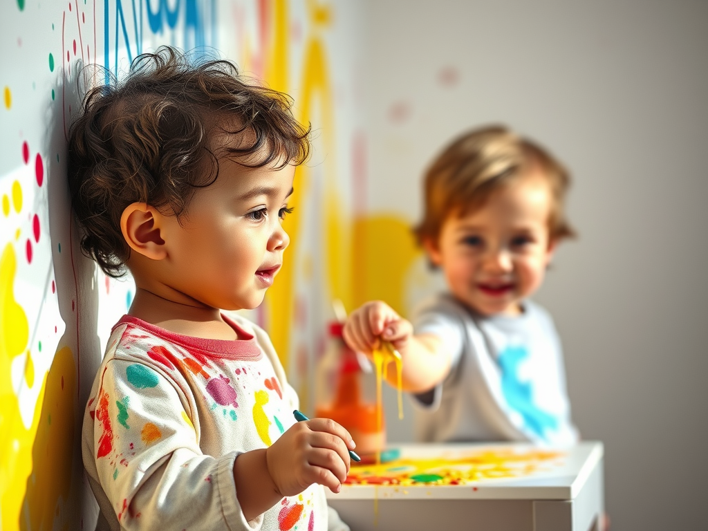 Mellizos disfrutando de una actividad de pintura con los dedos para estimular su creatividad