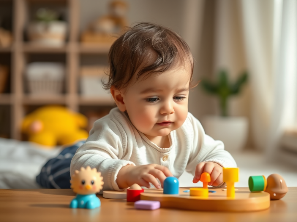 Bebé fortaleciendo sus habilidad cognitivas con un juego de bloques