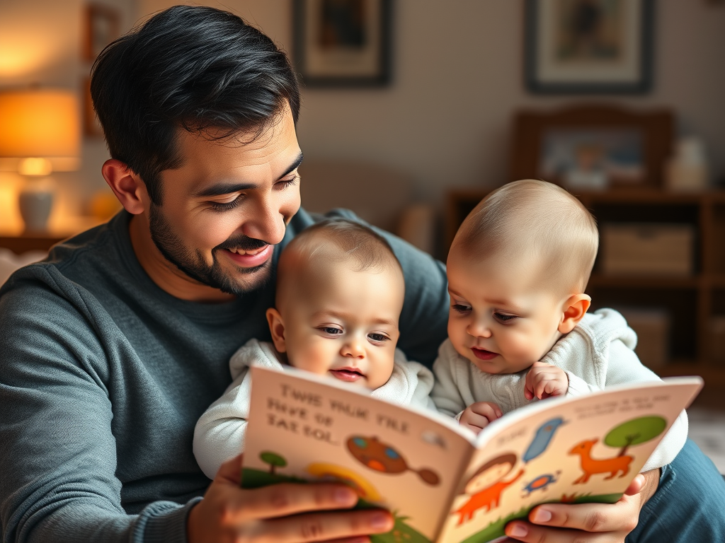 Papá leyendo un libro ilustrado a sus mellizos para estimular su lenguaje