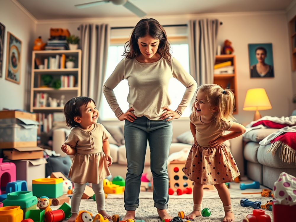 Ilustración de mellizos jugando en casa con el texto ‘Cómo establecer límites sin pedir favores