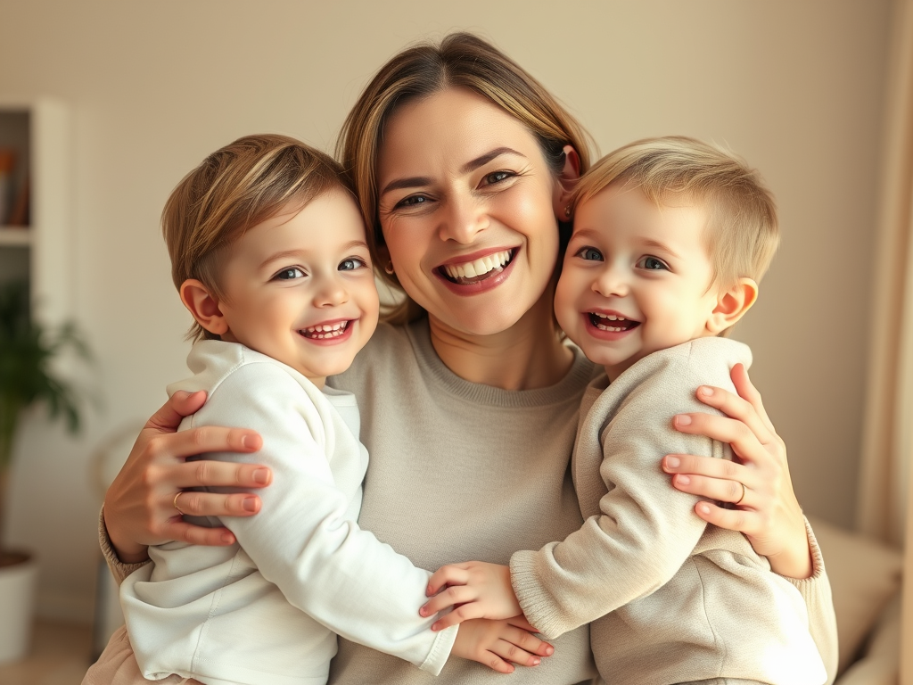 “Mellizos abrazando a sus padres con mensaje sobre crianza positiva y límites claros”